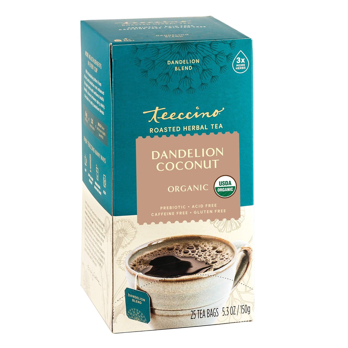 Teeccino Dandelion Coconut Herbal Tea - Caffeine Free, 25 Count (Pack of 3)