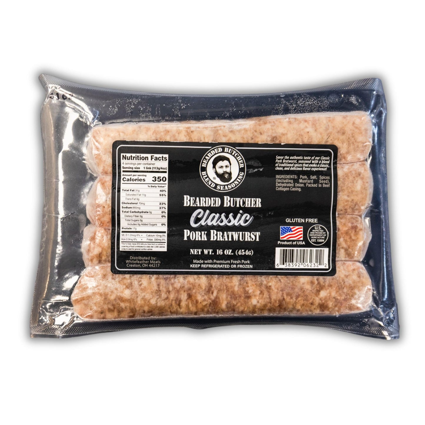 Bearded Butchers Classic Bratwurst 12-Pack (1 lb Each) - Gourmet Sausage with Traditional Spices for a Clean, Classic Flavor - P
