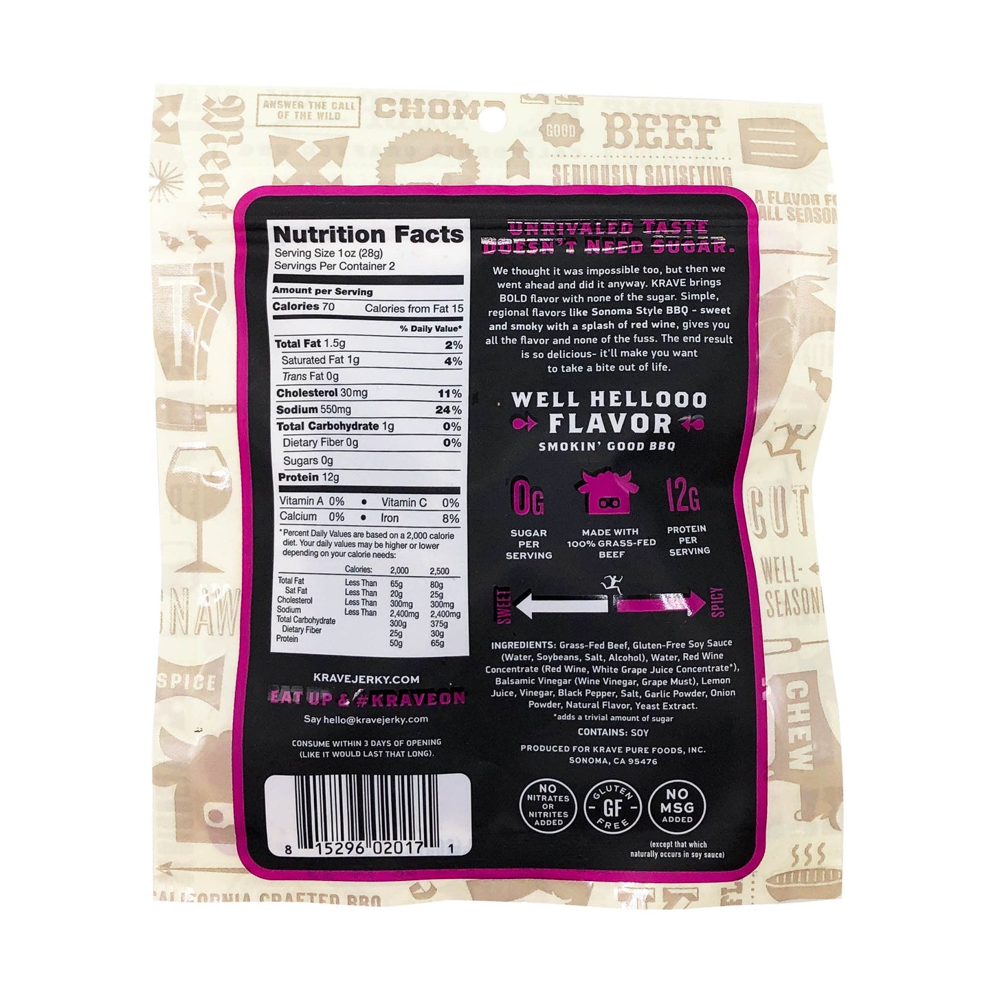 KRAVE Beef Jerky, Zero Sugar, All Natural, 100% Grass Fed, Sonoma Style BBQ, 2.1 Ounce