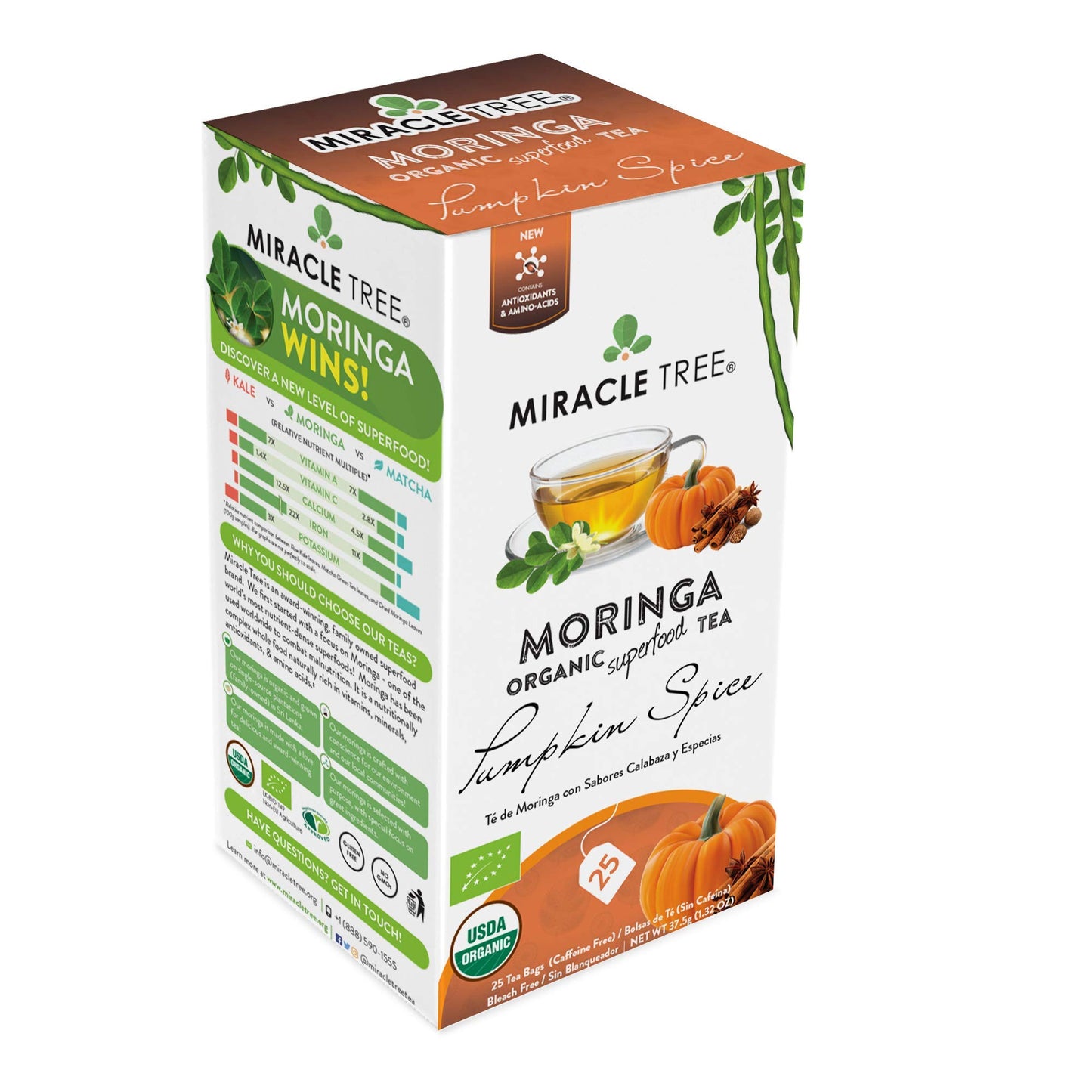 Tree Organic Moringa Superfood Tea - 25 Tea Bags, Pumpkin Spice, 12 Count Pack, Vegan, Gluten-Free, Caffeine-Free
