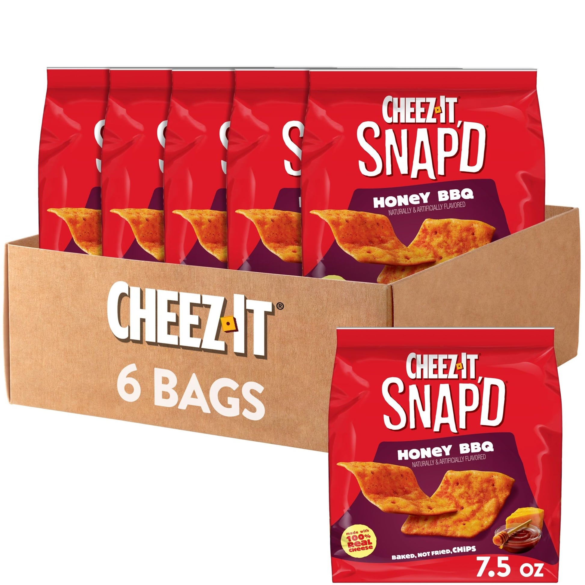 Cheez-It Snapd Cheesy Baked Chips, Thin Crisps, Lunch Snacks, Honey BBQ (6 Bags)