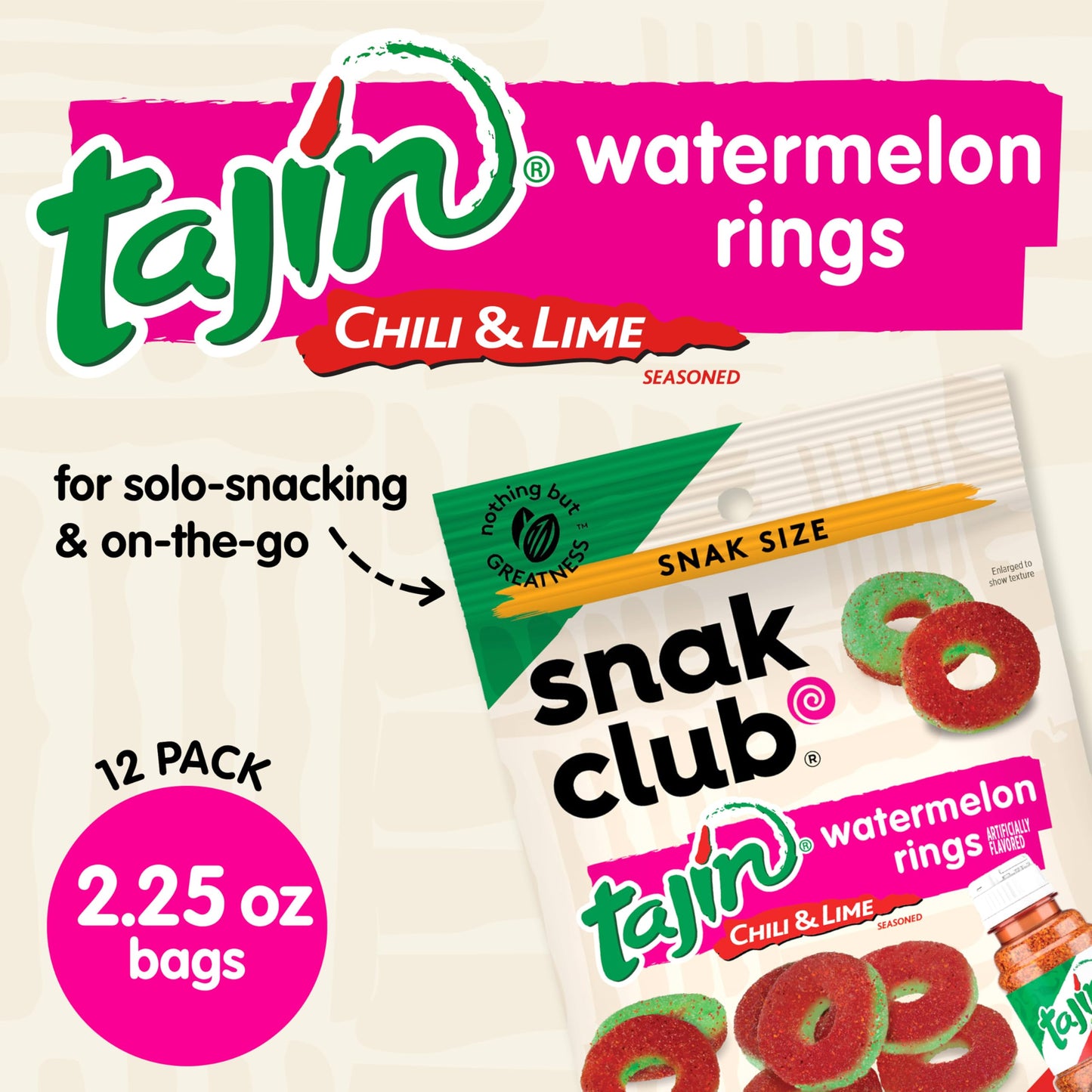 Snak Club Tajin Watermelon Rings, Chili & Lime Gummy Snacks, Mild in Heat Bold in Flavor, Gluten-Free Snack, 2.25oz,(Pack of 12)