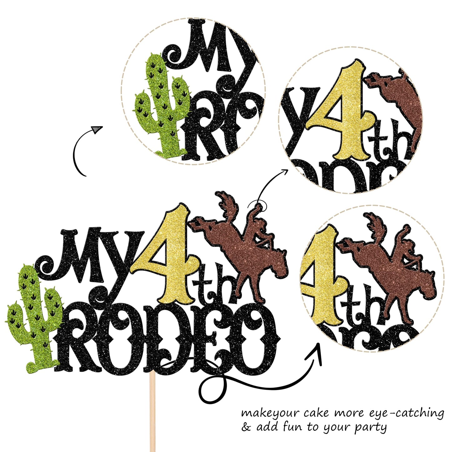 1 Pcs My 4Th Rodeo Cake Topper Brown Glitter Cactus Four Birthday Cake Pick Decoration For Western Little Cowboy Theme Baby Show