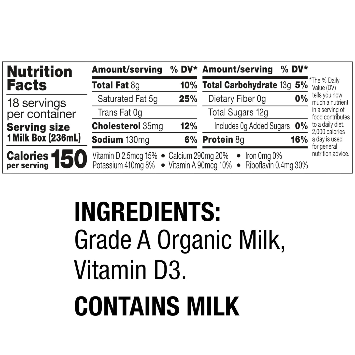 Horizon Organic Shelf Stable Whole Milk Boxes, 8 fl oz, 18 Count - 8g Protein per Serving, USDA Organic UHT from Pasture-Raised