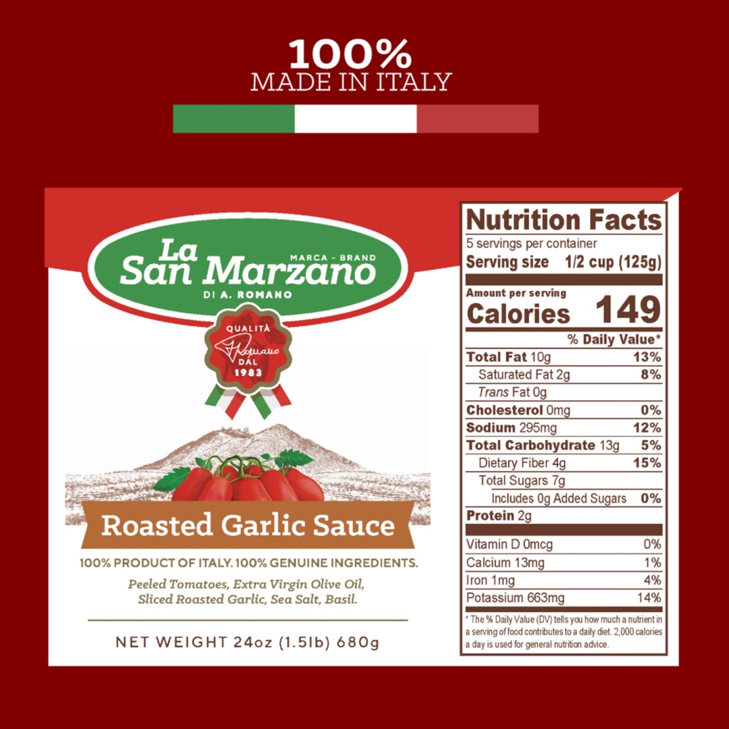 La San Marzano Roasted Garlic Pasta Sauce, All Natural, Non GMO, Vegan, Gluten Free, 24 oz (Pack of 4)