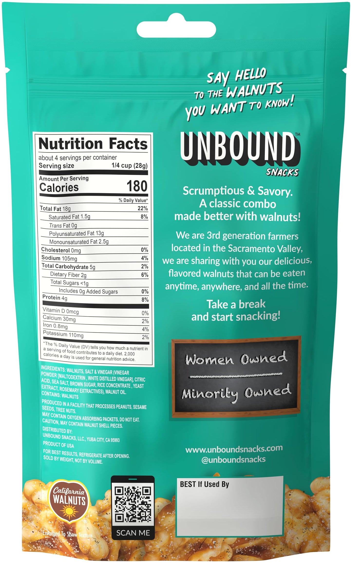 Unbound Snacks Flavored Nuts - Sea Salt & Vinegar Walnuts, 4 oz (Pack of 4) - Healthy Snacks, 4g Protein, 1g Sugar, High in Omeg