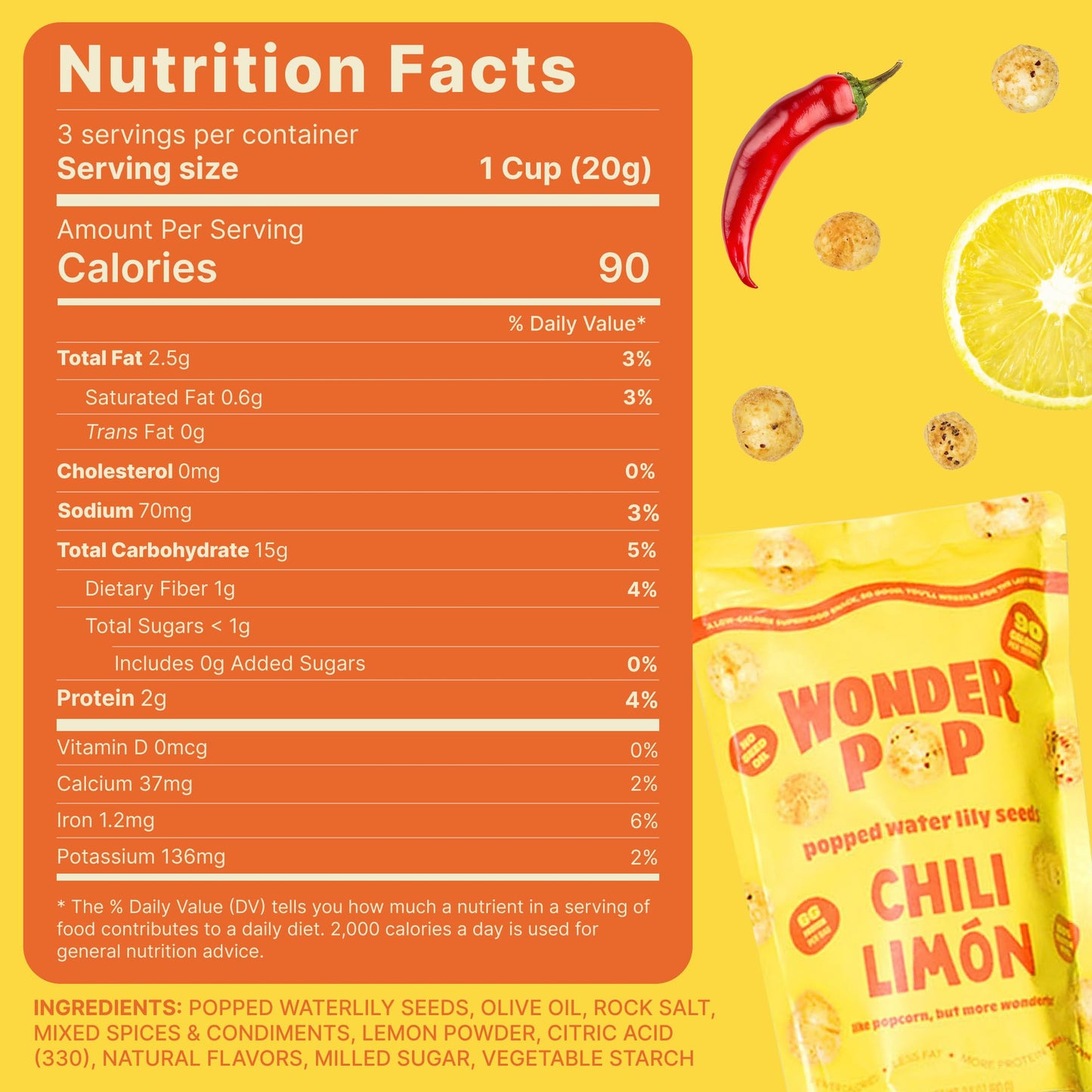 WonderPop Chili Limon - Popped Water Lily Seeds (6-Pack) | High Protein, 90 Calorie, Vegan, Gluten-Free, Non-GMO | Delicious Low