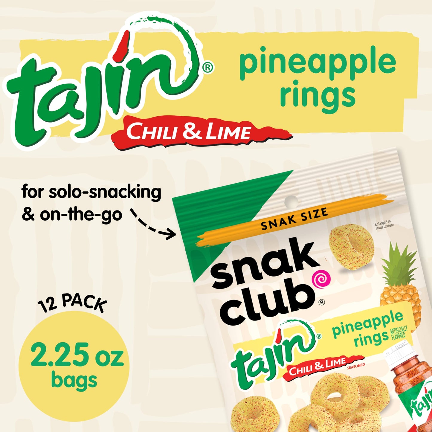 Snak Club Pineapple Rings, Tajin Chili & Lime Seasoned, Sweet and Spicy Gummy Candy, Mild in Heat Bold in Flavor, Low-Fat, Vegan