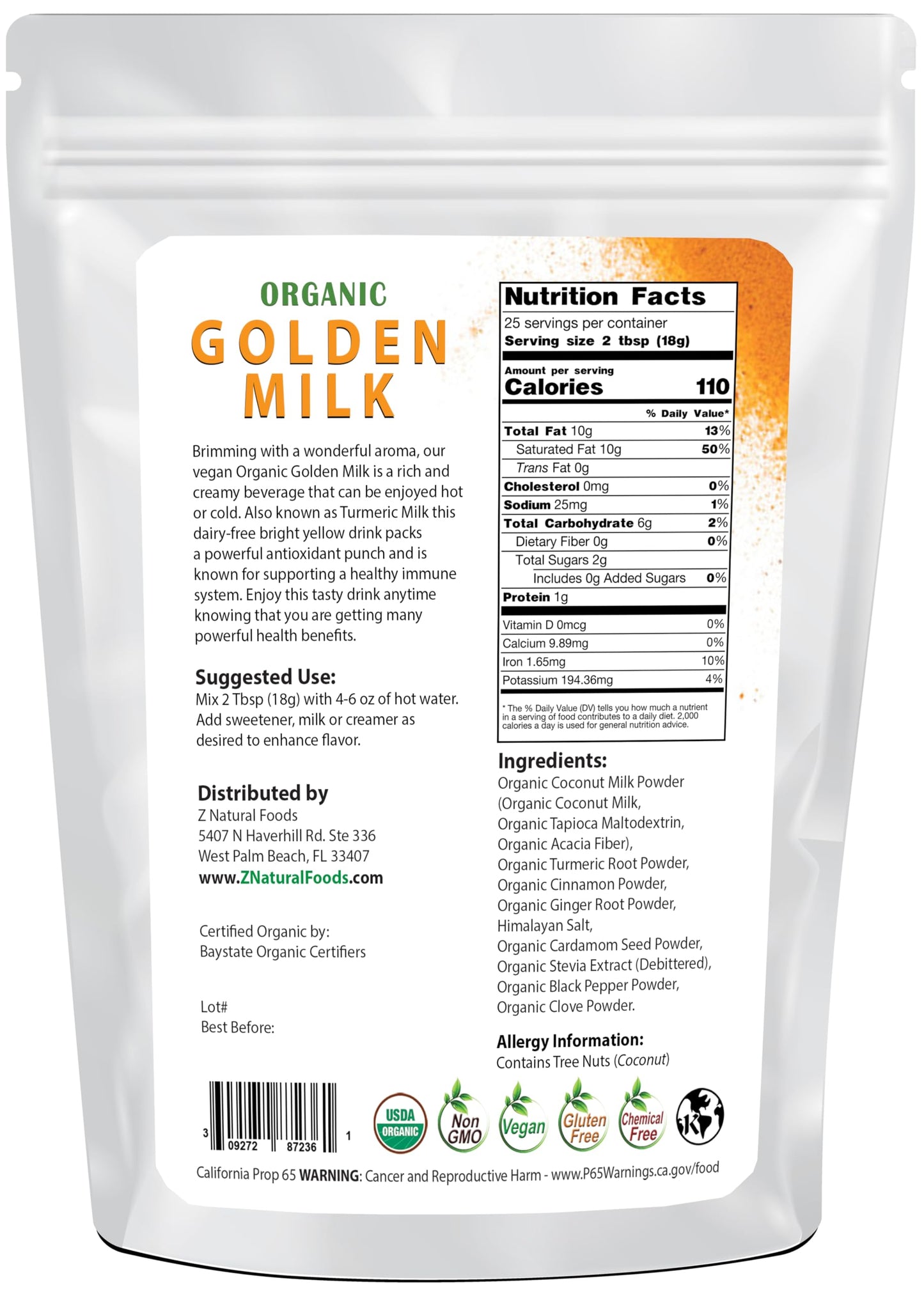 Z Natural Foods Organic Golden Milk Powder - Turmeric Superfood Blend, Mix In Coffee, Tea, Lattes, Smoothies Recipes - Non Gmo,