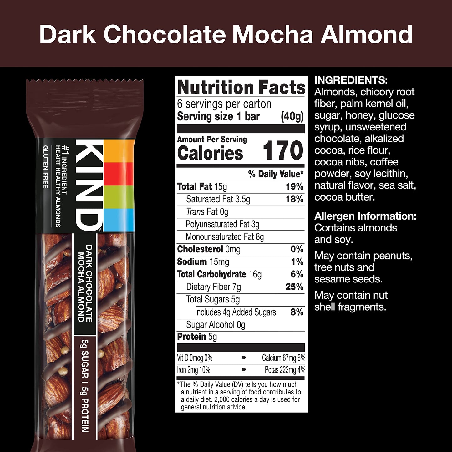 Kind Bars, Dark Chocolate Mocha Almond, Healthy Snacks, Gluten Free, Low Sugar, 5G Protein, 12 Count