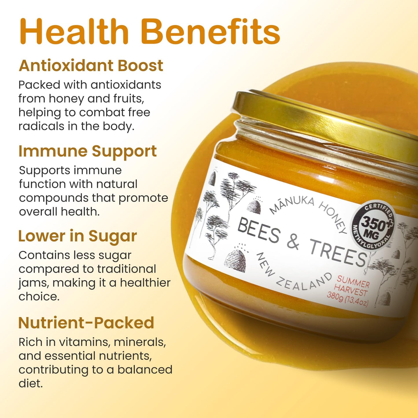 Bees & Trees Manuka Honey Medium Activity Certified 350+ Methylglyoxal - 100% Pure New Zealand Monofloral, Raw & Unpasteurized -