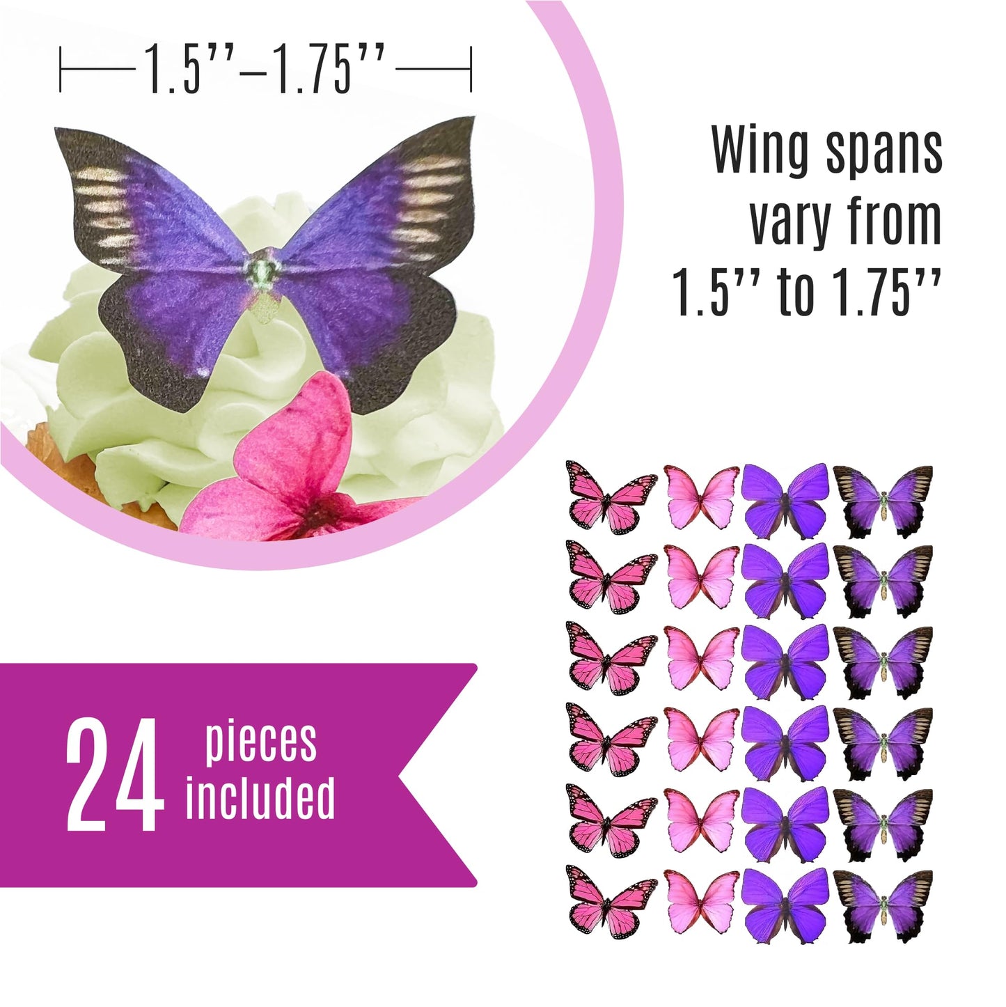 Sugar Robot Edible Butterflies for Cake Decorating - Small 1.75 inches - Pink and Purple Assorted - Premium Quality