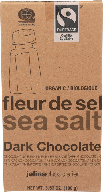 Jelina Chocolatier Organic Sea Salt Chocolate Bar 72% 3.52 Oz