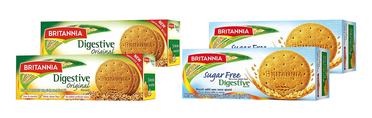 Britannia Digestive Original & Sugar Free Biscuits - Variety Combo Pack - Whole Wheat Flavor Cookies - Tea Time Healthy Snacks (
