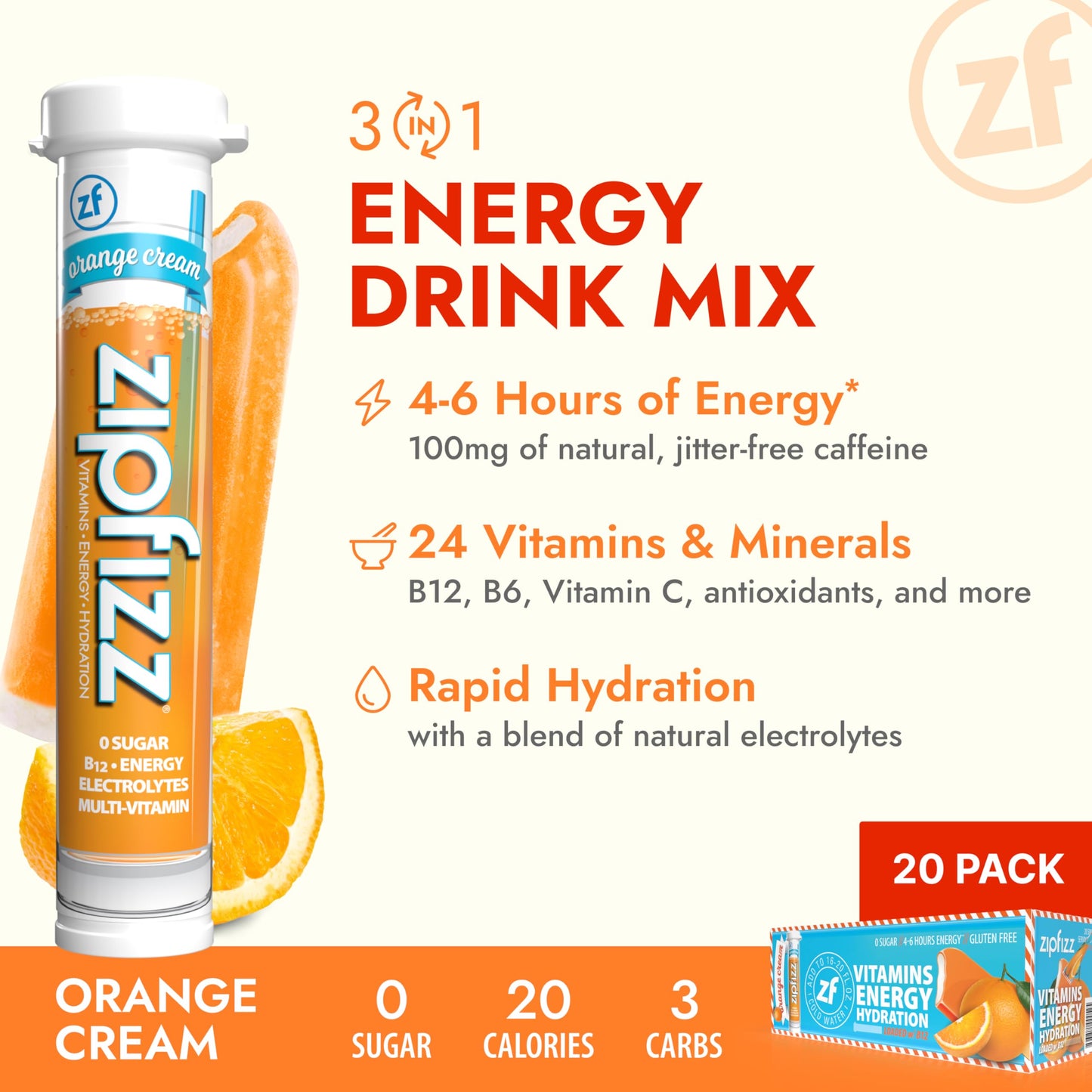 Zipfizz Daily Energy Drink Powder, Orange Cream, 20 Pack | Sugar-Free, Electrolyte Powder, Contains Vitamin B-12, Model 20CREAM