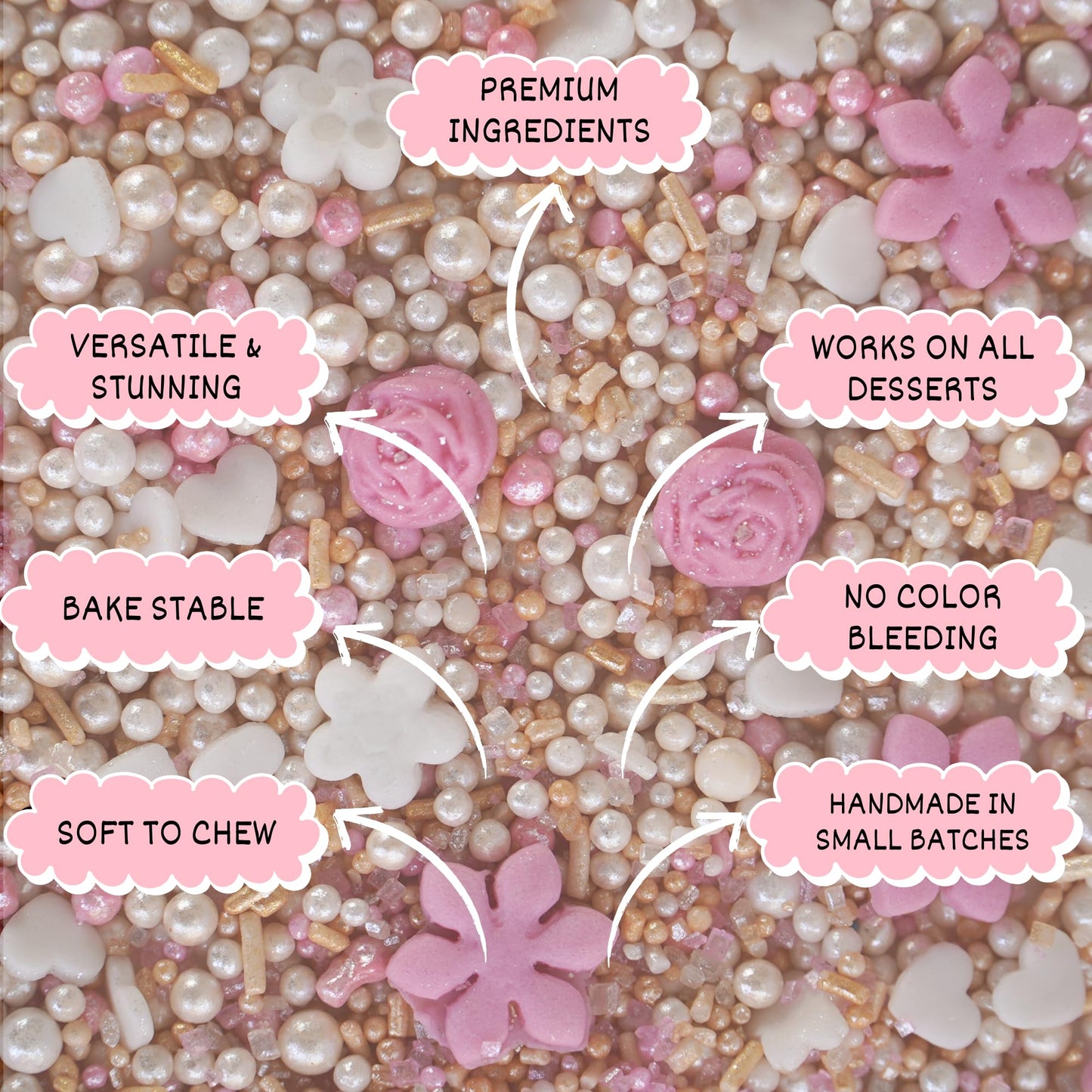 Confect Edible Cake Topping Sprinkles Mix, Vegan & Gluten-Free, Pink, Gold & White, 4.2 Oz
