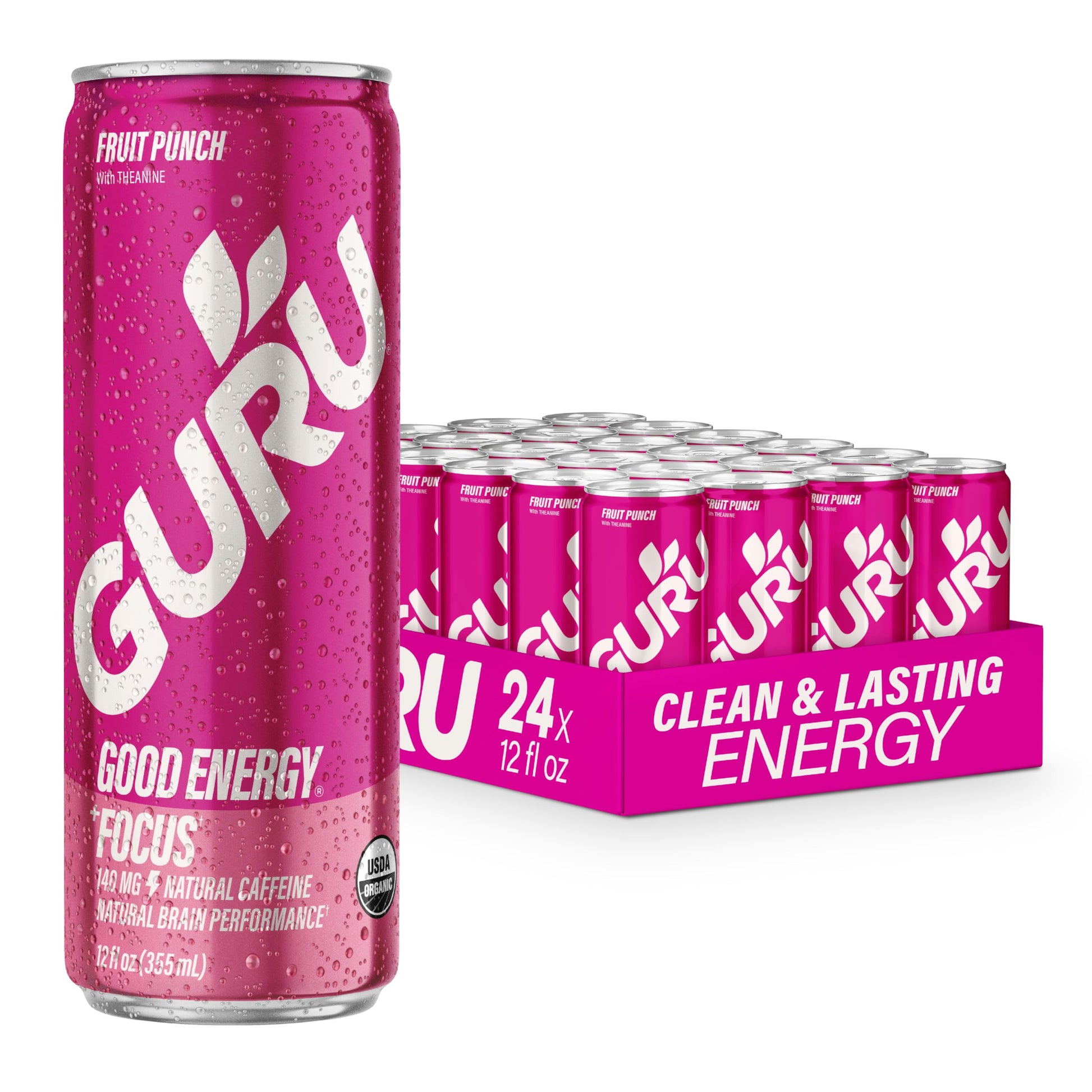 GURU Fruit Punch Organic Energy Drinks  Clean Energy Drink with Plant Based Natural Caffeine from Green Tea + Focus with L Theanine  Gluten Free and Vegan  140MG Caffeine  12oz (Pack of 24)