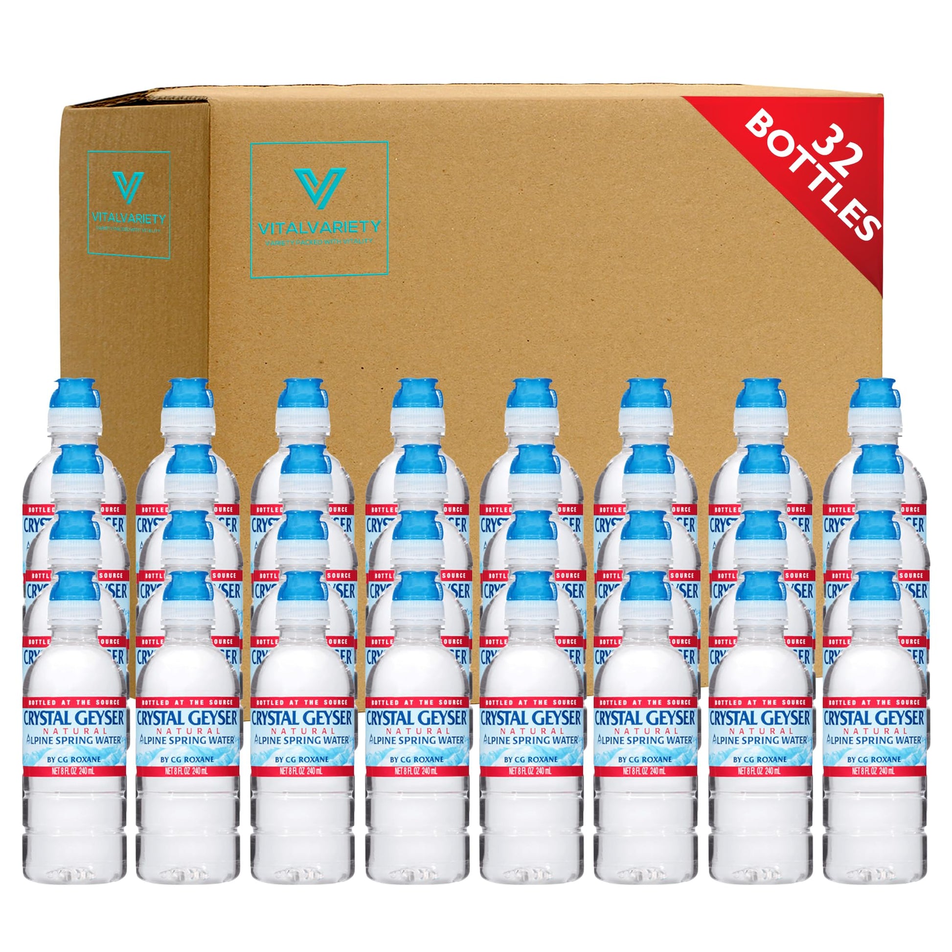 VitalVariety Crystal Geyser Bottled Water, 8 oz Small Sports Cap, 32 Pack