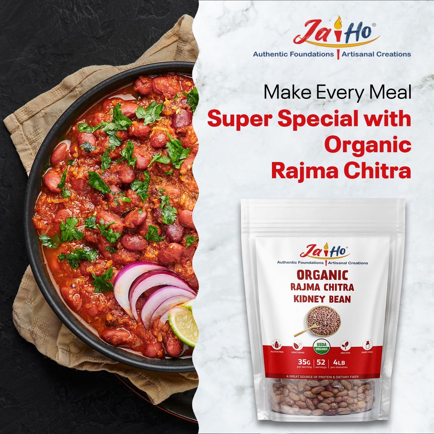 Jai Ho Organic Rajma Chitra Kidney Beans, 4 lb, USDA Organic, Non-GMO, Chemical-Free, Premium Quality