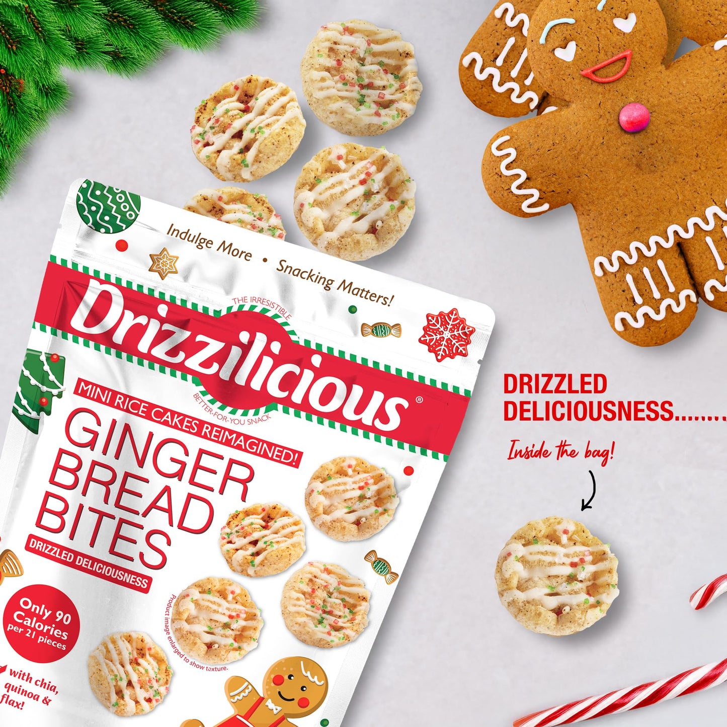 Drizzilicious Mini Rice Cakes - Rice Crisps, Healthy Snack For Mature-Themeds And Kids, Flavored Rice Cakes, Vegan, Gluten Free, Only 90 Calories Per Serving - Gingerbread, 4 Oz (Pack Of 2)