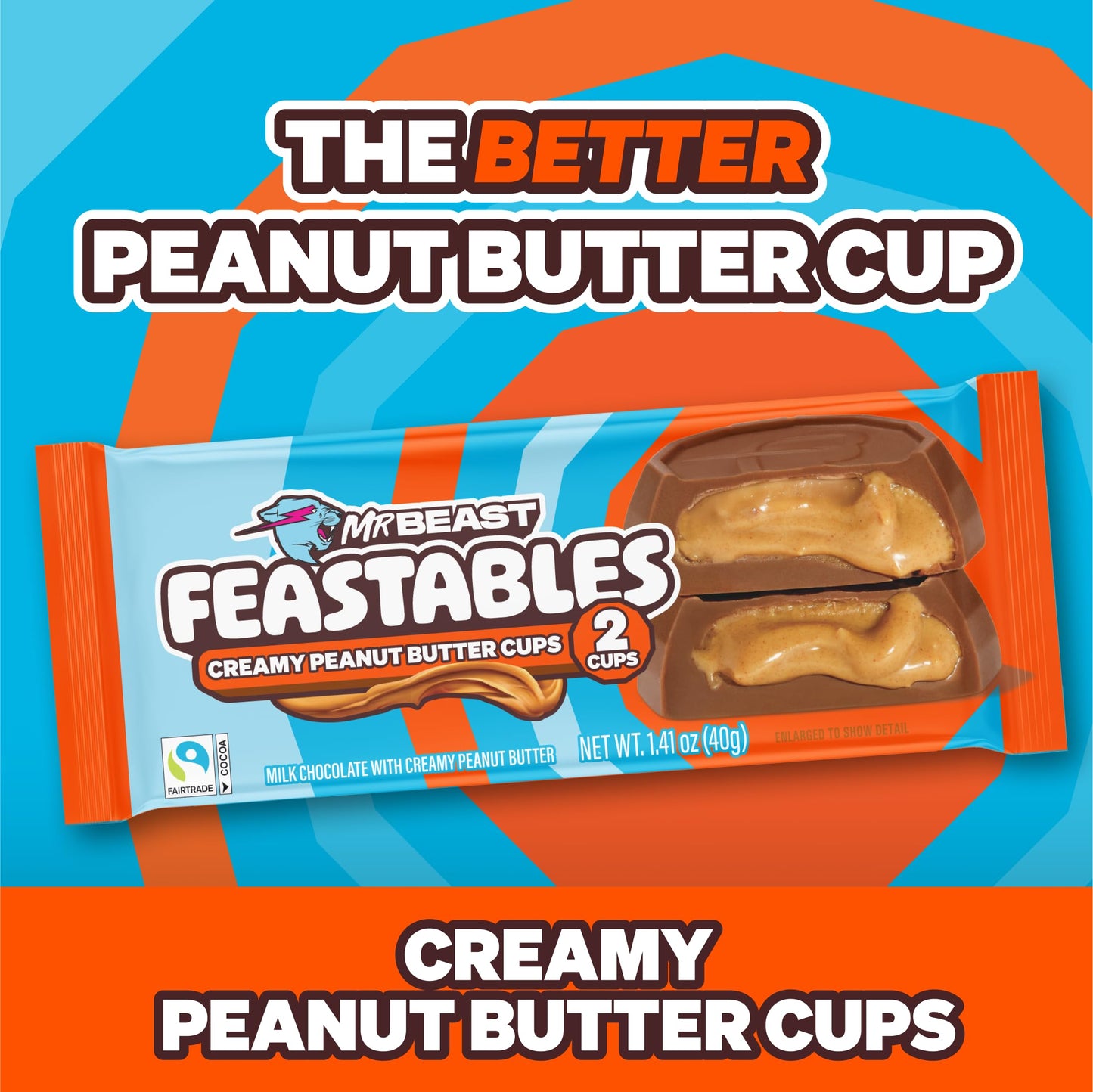 Feastables Mrbeast Peanut Butter Cups, Milk Chocolate & Creamy Peanut Butter Filling, Cups For Mature-Themeds & Kids, Chocolate Candy For Snacks, Gifts, Or Dessert, Made With Fairtrade Cocoa, 2 Pack, 24 Count