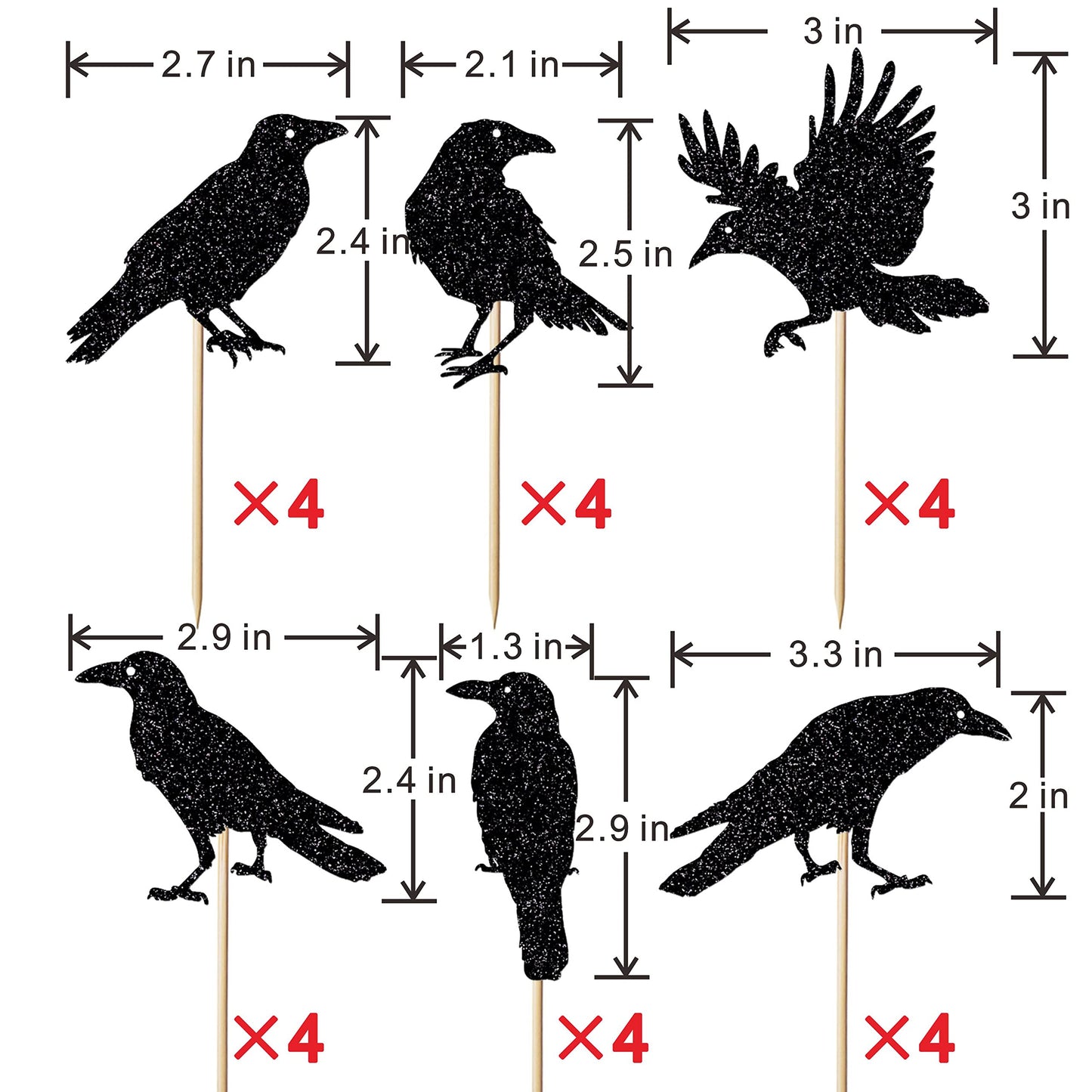 Leetaivie 24Pcs Black Glitter Crow Dessert Cupcake Toppers - Featured Halloween Themed Party Cake Topper (Black)