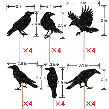 Leetaivie 24Pcs Black Glitter Crow Dessert Cupcake Toppers - Featured Halloween Themed Party Cake Topper (Black)
