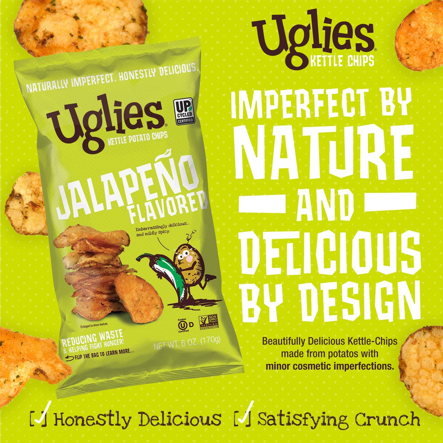 Uglies Kettle Cooked Jalapeño Potato Chips - Gluten Free, Kosher, Non-GMO - 6oz Bags, 4 Pack