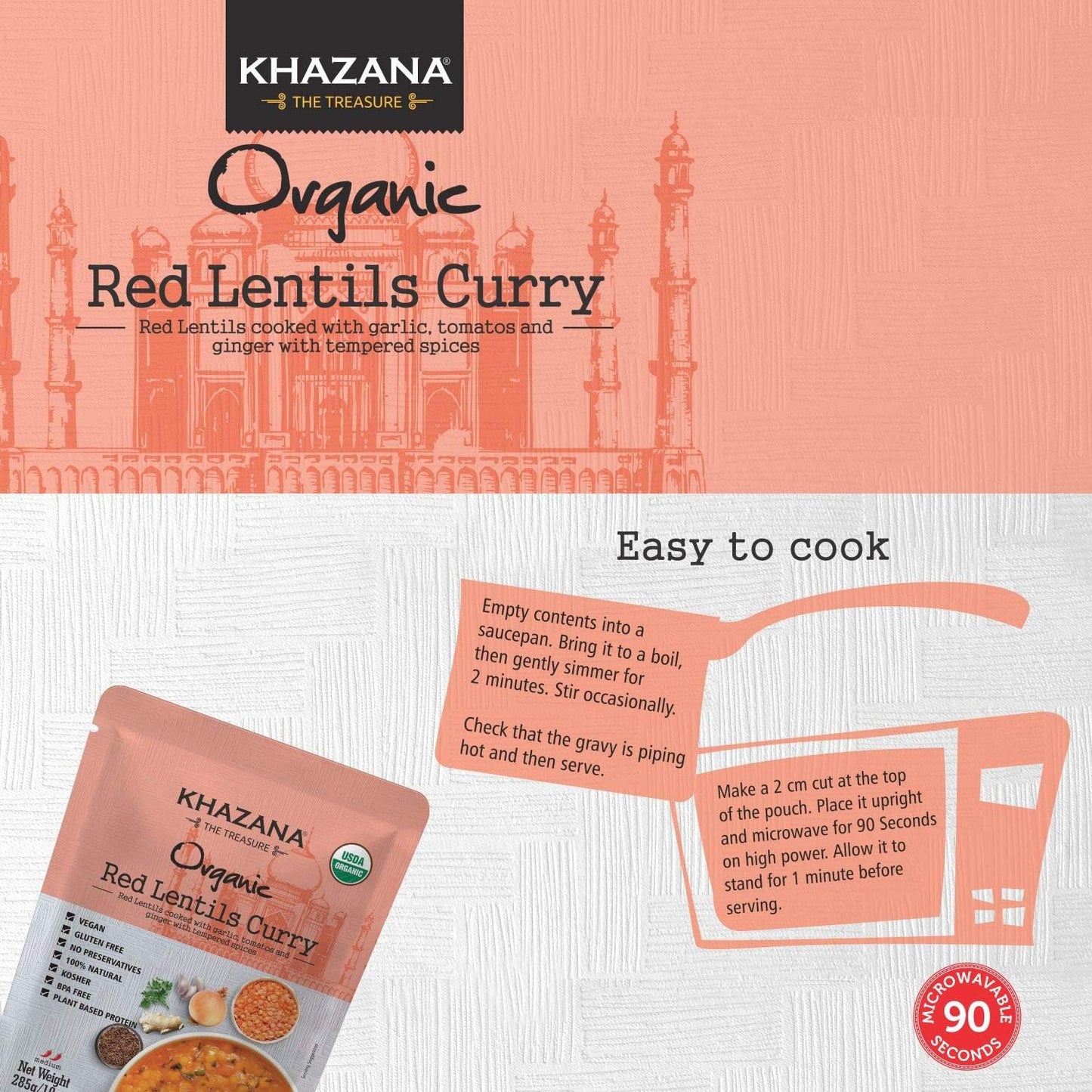 Khazana Organic Ready To Eat Meals - Red Lentils Curry (Pack Of 1, 10Oz Pouches) - Non-Gmo, Vegan, Gluten Free & Kosher - Authen