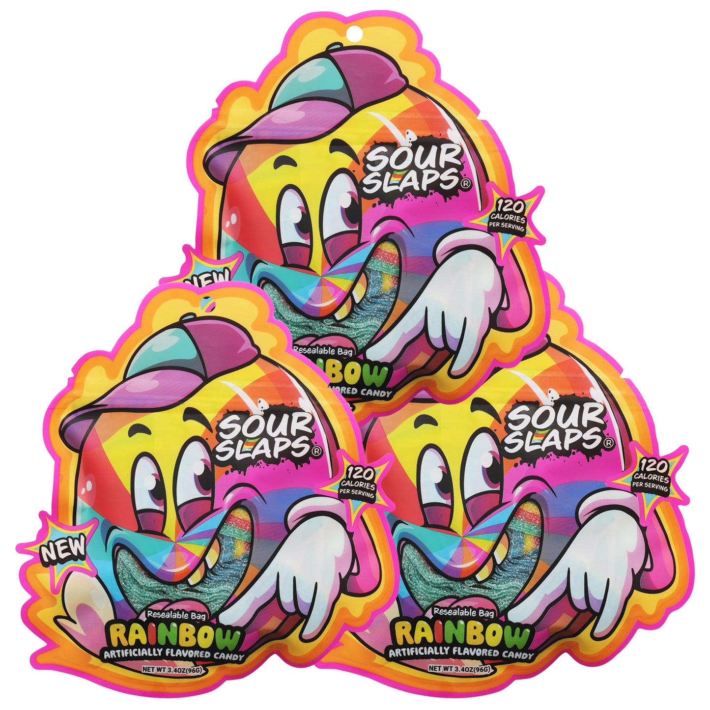 Sour Slaps 3-Pack Sour Candy Belts - Chewy, Vegetarian, 8 Flavors, Rainbow, Multi-color, Medium Size