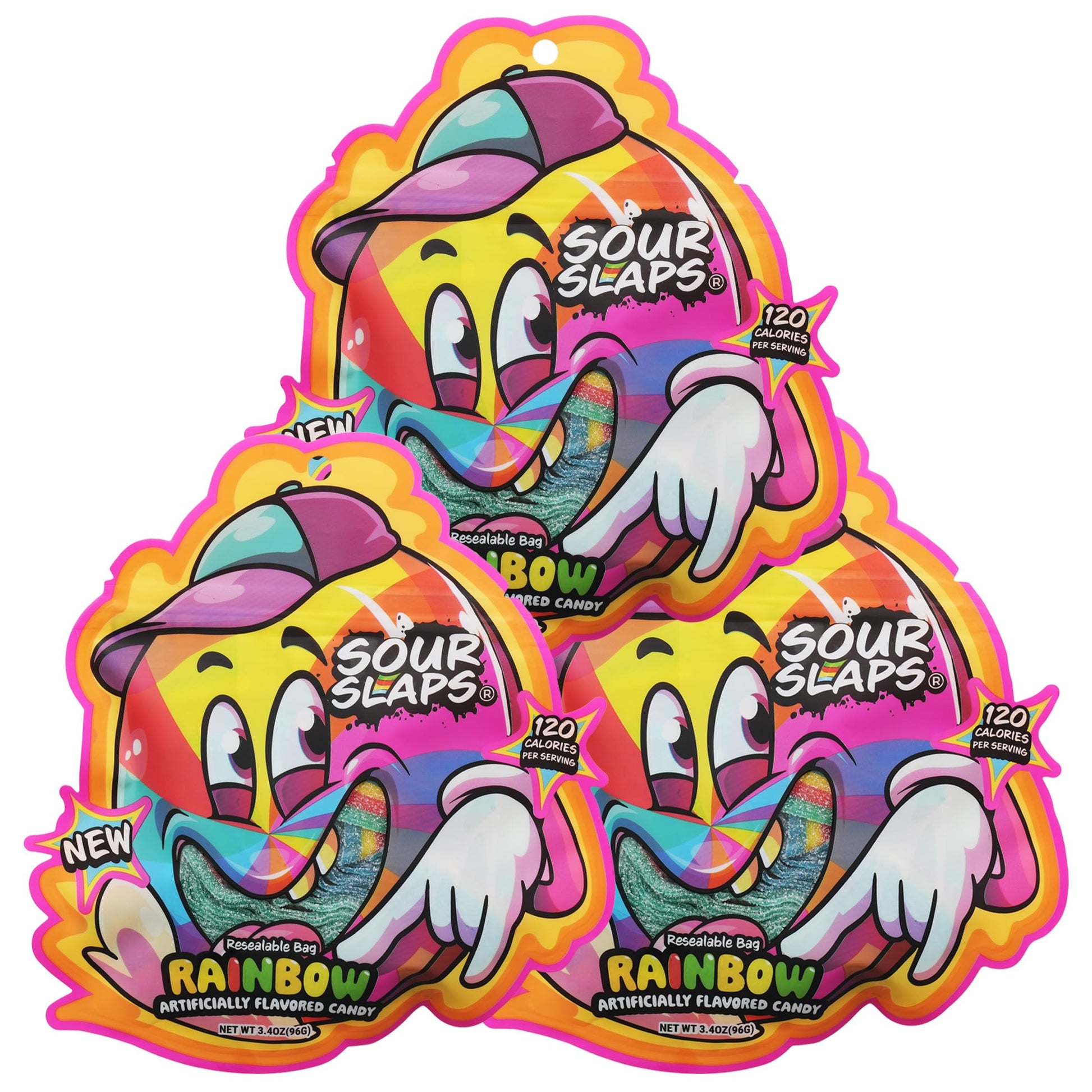 Sour Slaps 3-Pack Sour Candy Belts - Chewy, Vegetarian, 8 Flavors, Rainbow, Multi-color, Medium Size