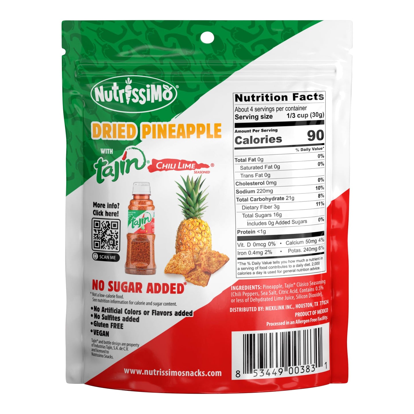 Nutrissimo Dried Pineapple With Tajin, Gluten-Free Dried Fruit Snacks, 4Oz (Pack Of 1)
