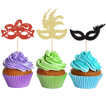 Gyufise 24 Pack Masquerade Masks Cupcake Toppers Black Gold Red Glitter Bachelorette Party Mask Cupcake Picks Mardi Gras Party B