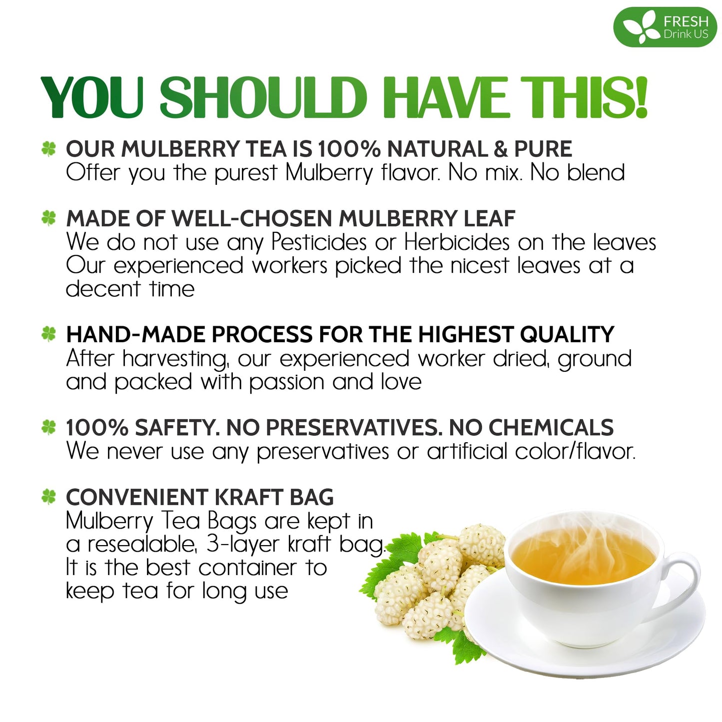 FRESHDRINKUS Premium Mulberry Leaf Tea Bags, 100% Natural, Vegan, 120 Count
