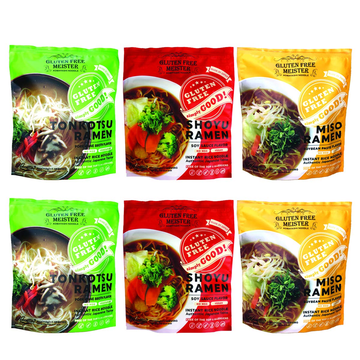 Gluten Free Meister Japanese Ramen - Tonkotsu, Shoyu, Miso Variety 6Pk (Vegan/Vegetarian)