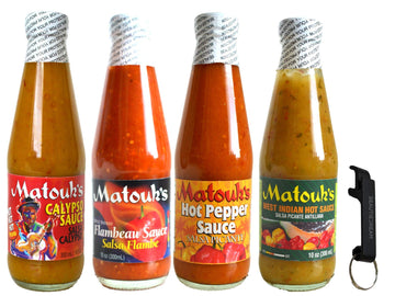 Matouks Calypso Flambeau West Indian and Hot Pepper Sauce 10 Ounce Variety Pack of 4 with Keychain Bottle Opener in Sealed O Th