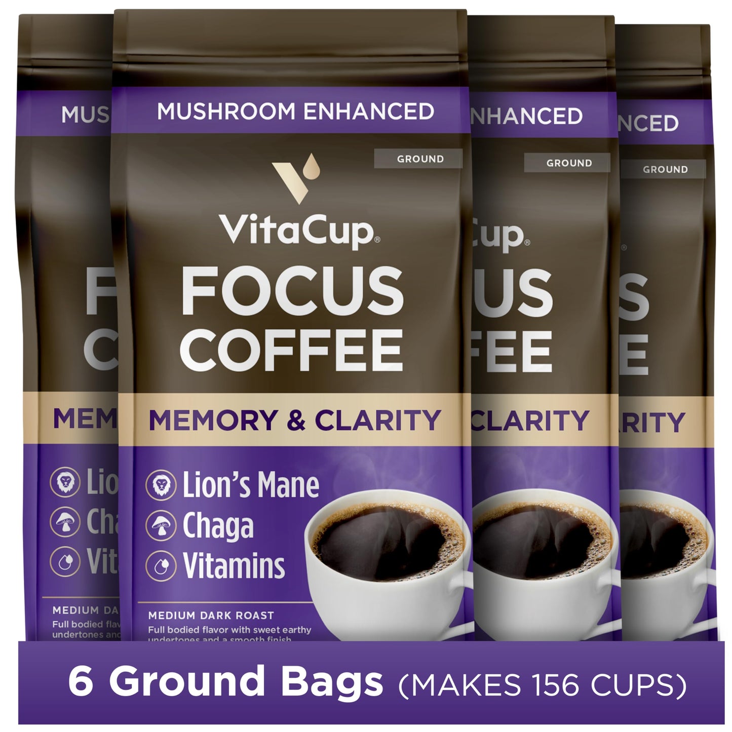 VitaCup Focus Mushroom Coffee Grounds, 100% Arabica, Medium Dark Roast, 10oz (Pack of 6), Natural