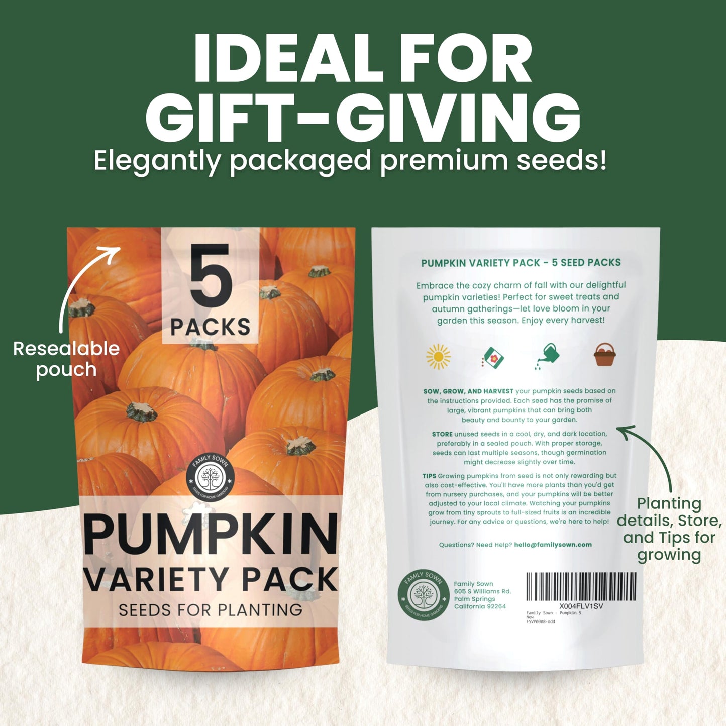 Pumpkin Seeds | 5 Invidiual Packs | 2025 Season | Non-Gmo | Jack O Lantern, Sugar Pie, Casper, Cinderella & Cushaw! | For Planti