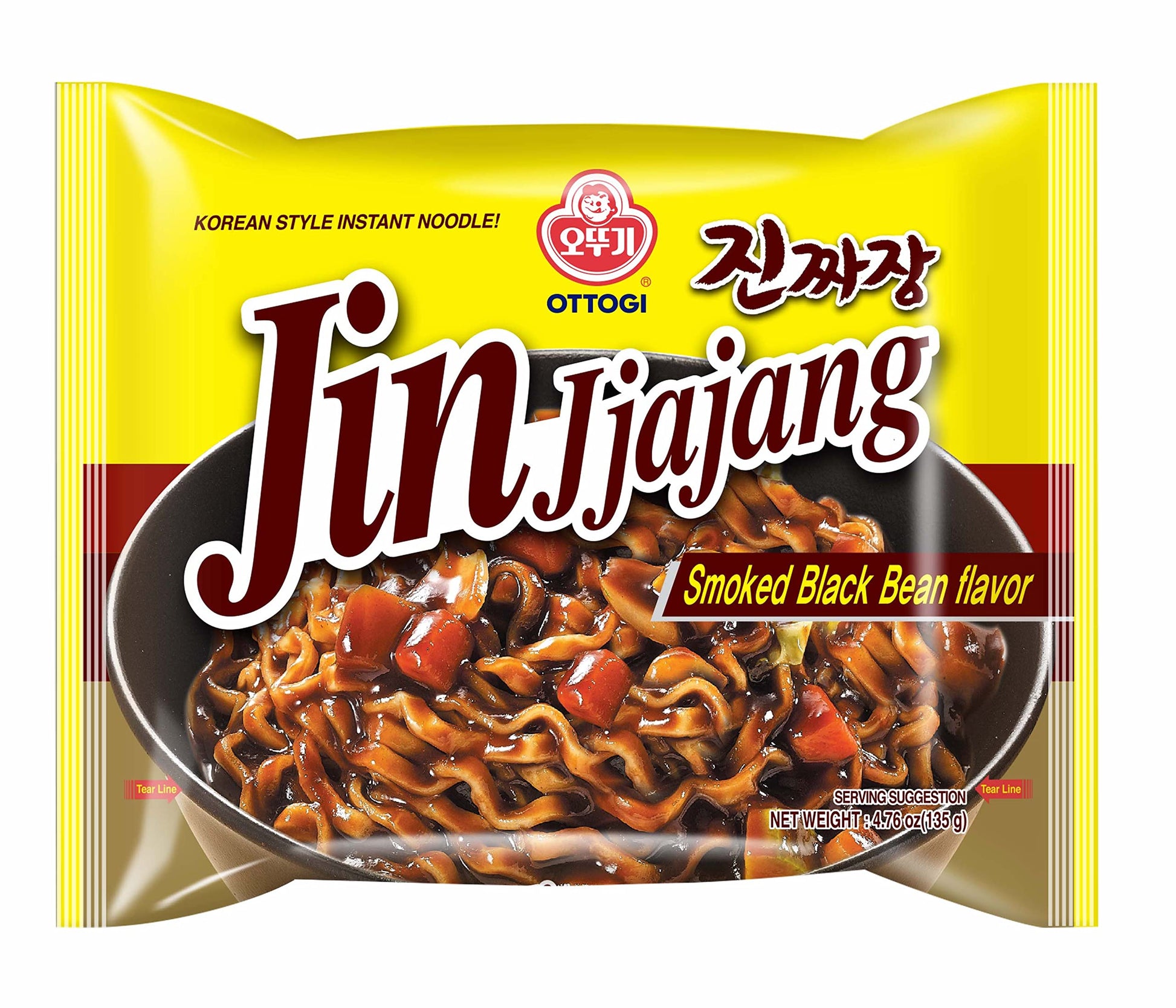 Ottogi JIN Jjajang Ramen - Korean Instant Noodles, Smoked Black Bean Sauce, 4.76oz x 8 Pack