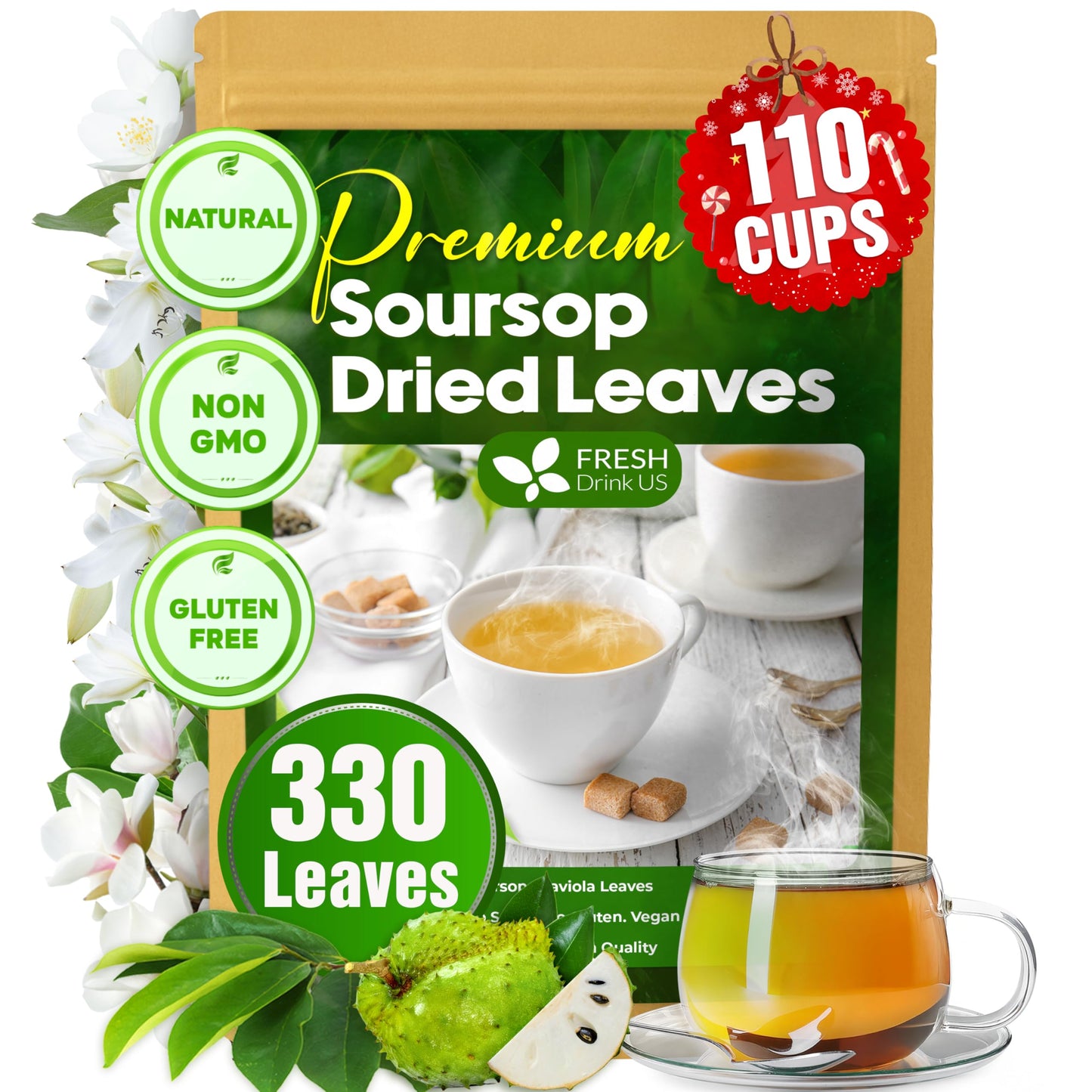 FreshDrinkUS  330-350 enhanced Soursop Dried Leaves Tea  115 Cups  Hojas De Guanabana Whole Leaves  Wildcrafted  Graviola  Soursop  Guanabana Tea  Loose Leaf Herbal Tea  Gluten/Sugar/Caffeine Free