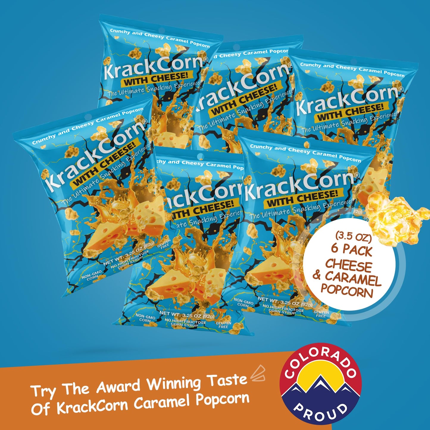 KrackCorn Cheese & Caramel Popcorn, Gluten Free, Non-GMO, 3.25oz (Pack of 6)