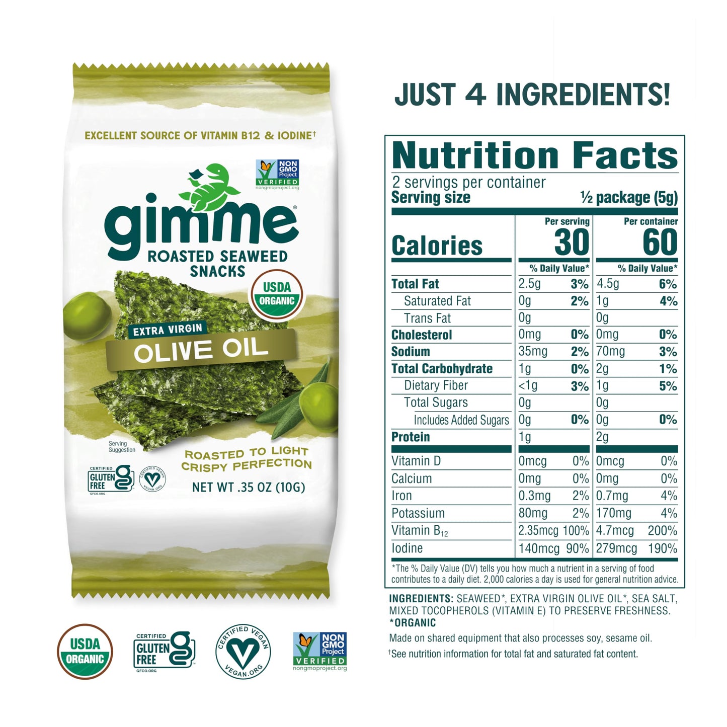 gimMe Organic Roasted Sea  Snacks, Extra Virgin Olive Oil, Keto, Vegan, Gluten-Free, 12 Count