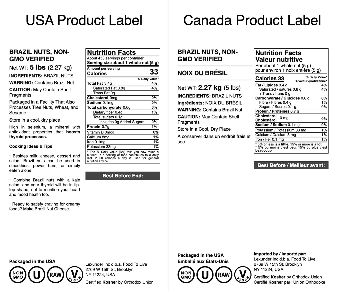 Food to Live Brazil Nuts, Raw, Whole, Unsalted, Non-GMO, 5 Pound Bulk Pack