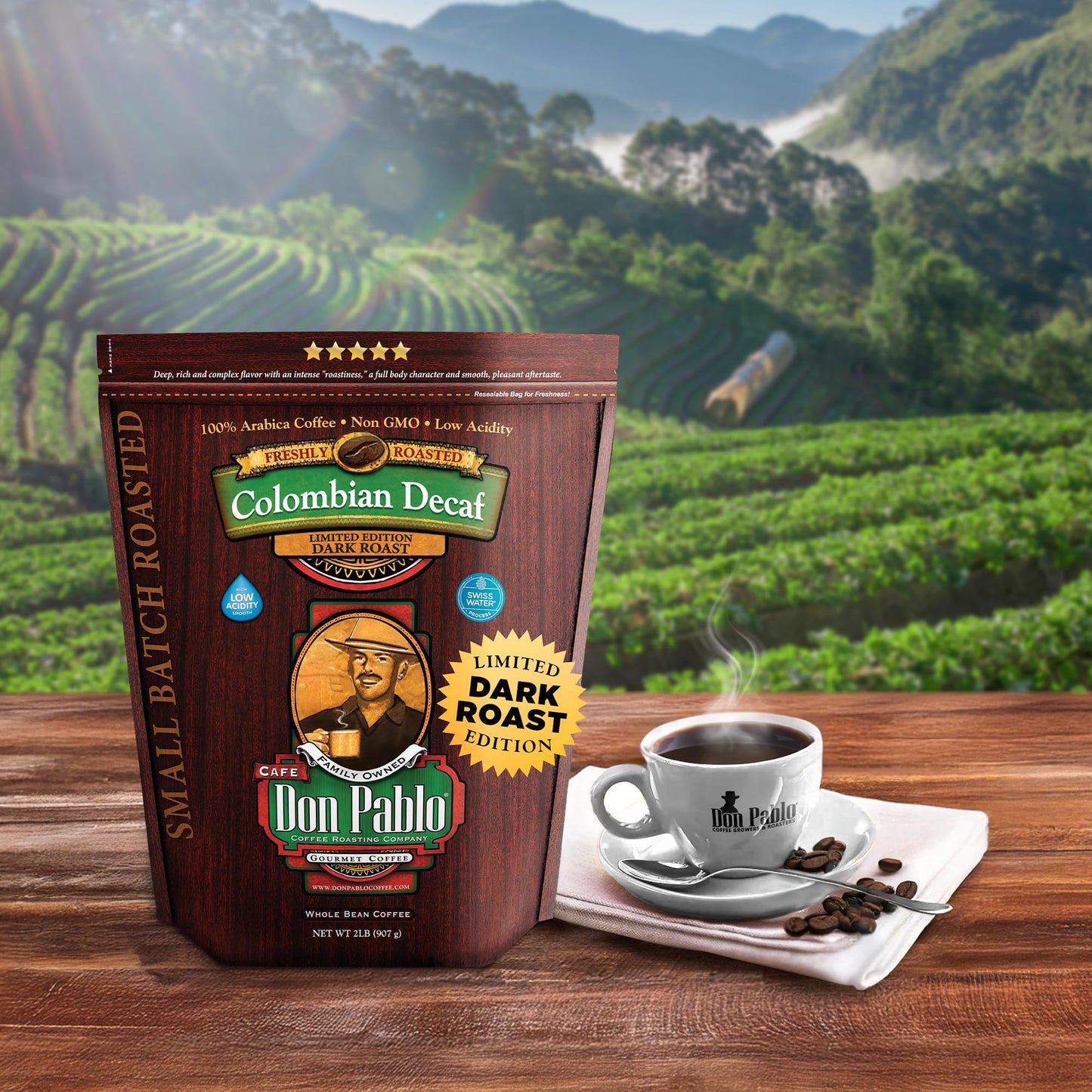 Cafe Don Pablo Colombian Decaf Coffee - Dark Roast, 100% Arabica Whole Bean, Swiss Water Process, 32 Ounce Bag