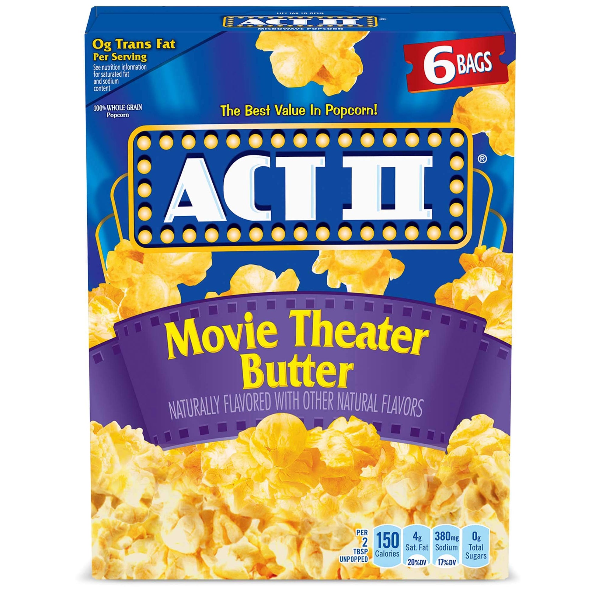 Act II Movie Theater Butter Microwave Popcorn, Movie Night Supplies, 2.75 oz., 6-Count Bags (Pack of 6)