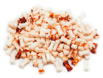 Bloody Bones Treat Toppers - 12 Oz Resealable Stand Up Candy Bag - White Candy Bone Shaped Sprinkles w/Red Splashes - Halloween 