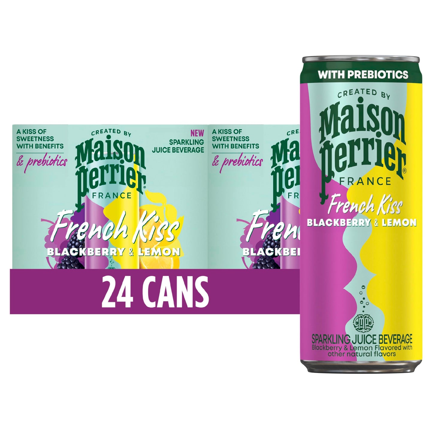 Maison Perrier French Kiss Sweetened Sparkling Juice Beverage, Blackberry & Lemon Flavors With Real Fruit Juices, 24Pk