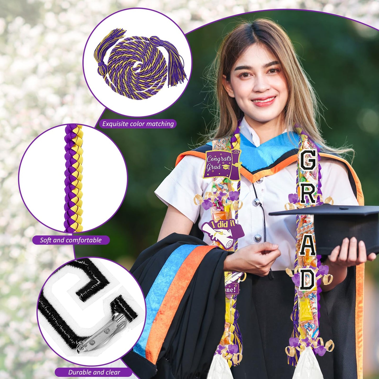 TKNOUS Graduation Ribbon Leis Kit, 10 Pcs Honor Cord, Purple Gold Candy Necklace, Class of 2025, Craft Supplies