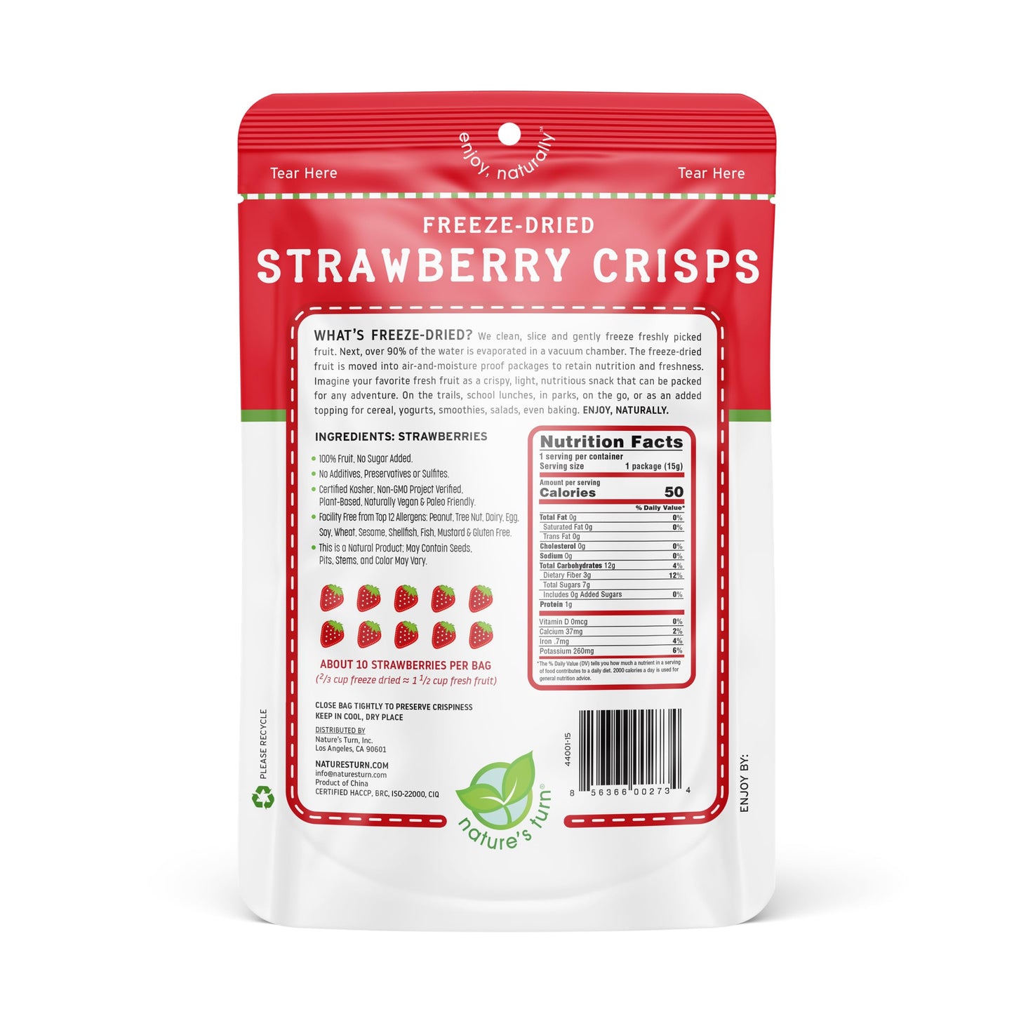 Natures Turn Freeze-Dried Strawberry Crisps - Healthy, Gluten-Free, Crispy & Delicious, Plant-Based Snack, Ideal for Cereal, Smo