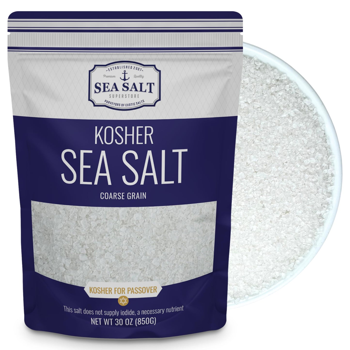 Kosher Sea Salt, Coarse Grain Kosher Salt, Replacement For Table Salt, Non-Iodized, All-Natural, No Additives (30 Oz Bag) - Sea